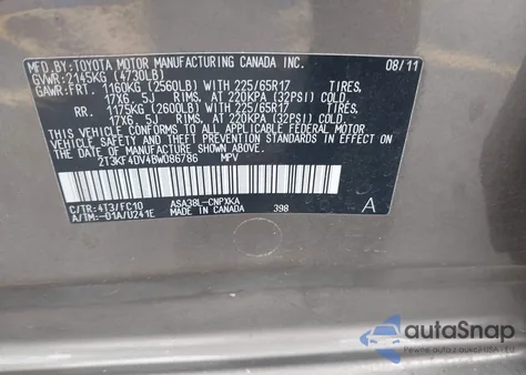 2011 Toyota Rav4 z USA, uszkodzony, nr VIN 2T3KF4DV4BW086786